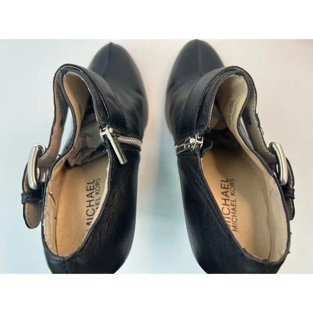 MICHAEL KORS WOMEN'S BLACK LEATHER SIDE‎ ZIP CONE HEEL ANKLE BOOTIES SIZE 7.5